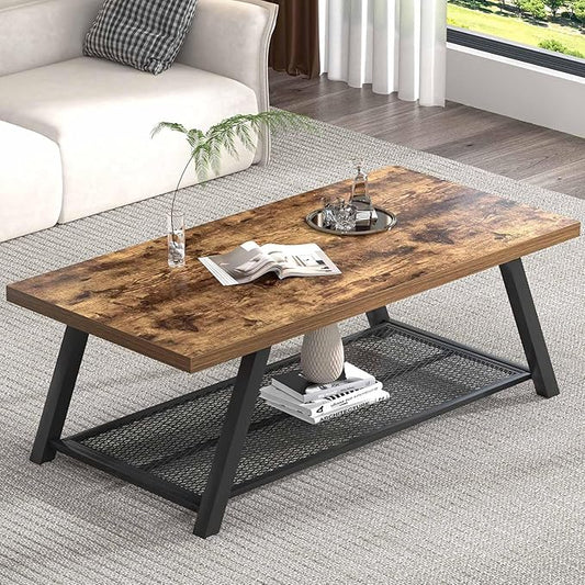 FOLUBAN 47 Inch Coffee Table, Industrial Wood and Metal Living Room Table with Storage Shelf, Rectangle Center Table, Rustic Brown