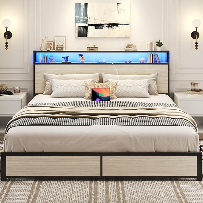 Lifezone King Bed Frame with 2-Tier Storage Headboard, Metal Platform Bed Frame with 4 Storage Drawers, Built in Charging Station & LED, Noise-Free/Metal Support/No Box Spring Needed, Beige