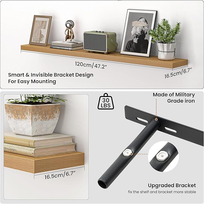 Heimlove 48 Inch Floating Shelves for Wall,Extra Long Wood Shelves Mounted Storage Hanging Shelf Invisible Bracket for Bedroom,Living Room,Kitchen,Office,Set of 2,Oak Color