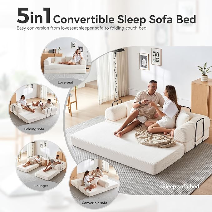 Convertible Folding Mattress Couch, 5-in-1 Futon Sofa with Armrests, Sleeper Mattress Sofa Bed Comfy Fold Out Bed for Living Room, Bedroom, Lounge,Guest, Office (Beige White)