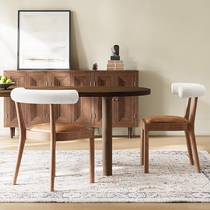 Kmax Dining Room Chairs Mid-Century Modern Leather Kitchen Chairs with Natural Walnut Finished Frame, Fur White Curved Back, 2-Pcs Set, PU Brown