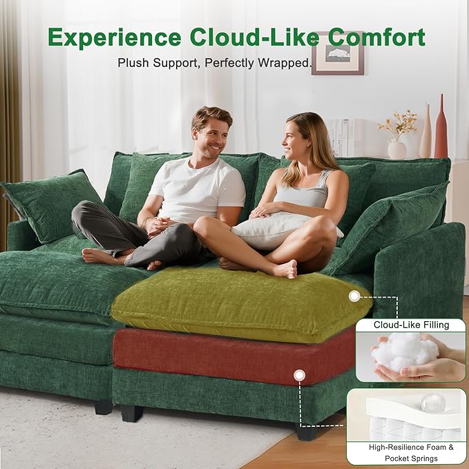 Cloud Chenille Sectional Sofa with 2 Ottoman｜Modular Couch｜FSC Solid Wood Frame｜29.1" Deep Seat｜Easy Assembly & 1YR Guarantee (Green, 77 Inch（U）)