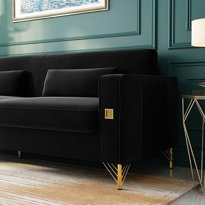 85.63" Velvet Sofa,Modern Loveseat Couch with Pillows Set of 2 for Living Room,Bedroom,Apartment Furniture with Gold Metal Legs (Black)
