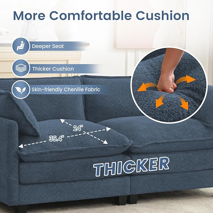 ROWHY Modular Loveseat Sectional Sofa, 78" Upholstered Loveseat, 2 Deep Seat Sofa Couch with 2 Throw Pillows for Small Space, Modern Comfy Cloud Couch for Living Room, Chenille, Royal Blue