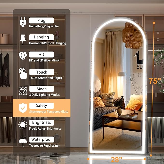 Hasipu 75" x 28" Led Mirror Full Length, Arch Mirror Full Length with Lights, Floor Full Body Glass with Stand,Tempered Glass,Shatter-Proof, Dimming & 3 Color for Bedroom Cloakroom-UL