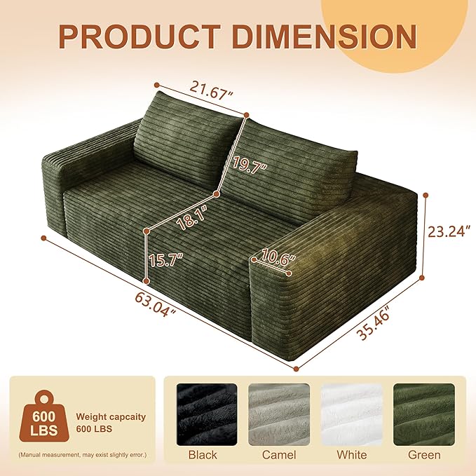 63" Corduroy Loveseat Sofa, 2-Seater Cloud Couch, Boneless Couch in a Box, Comfy Deep Seat Sofa with Memory Foam, Pillows and Wide Armrests, Modern Small Couches for Small Spaces, No Assembly (Green)