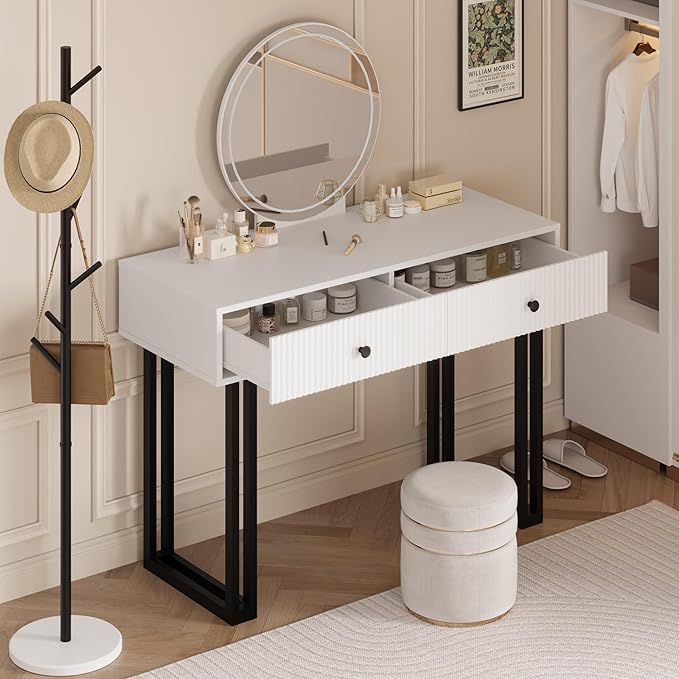 IDEALHOUSE Vanity Desk with Mirror and Lights, 49.2”H Makeup Vanity with 3 Color Lights and Adjustable Brightness, Bedroom Vanity Table with 2 Drawers, White
