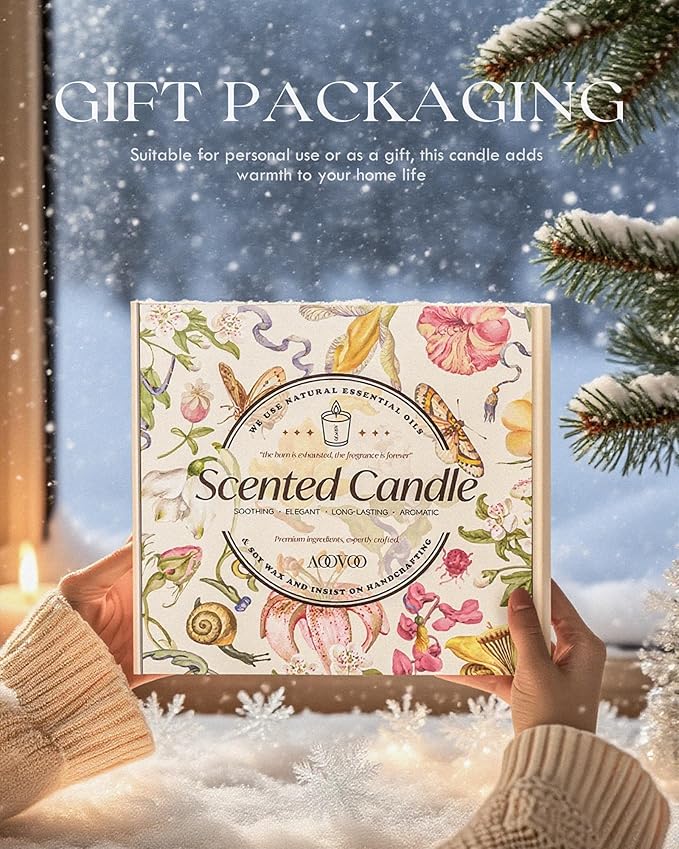 AOOVOO Christmas Candles Set for Women - 4 Pack Candles for Home Scented, Aromatherapy Candle with Crystals, 28 oz 200 Hour Long Lasting Candle, Winter Fragrance of Cedar, Fir, Hot Cocoa, Vanilla Cake