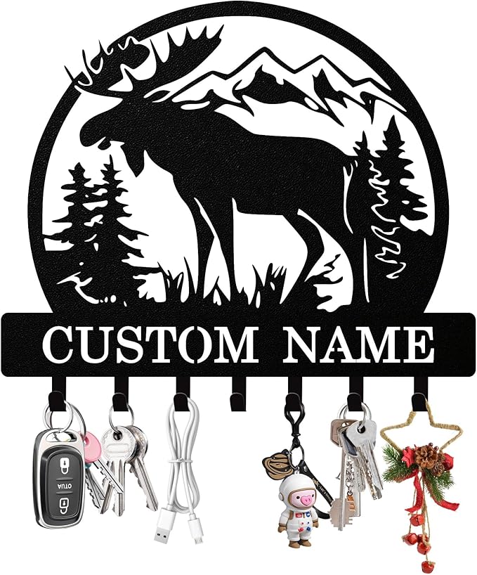 Personalized Deer Key Holder Wall Mount, Custom Metal Keys Hanger for Wall with Name, Custom Key Rack Holder with Hooks for Entryway, Front Door, Hallway, Living Room, Kitchen