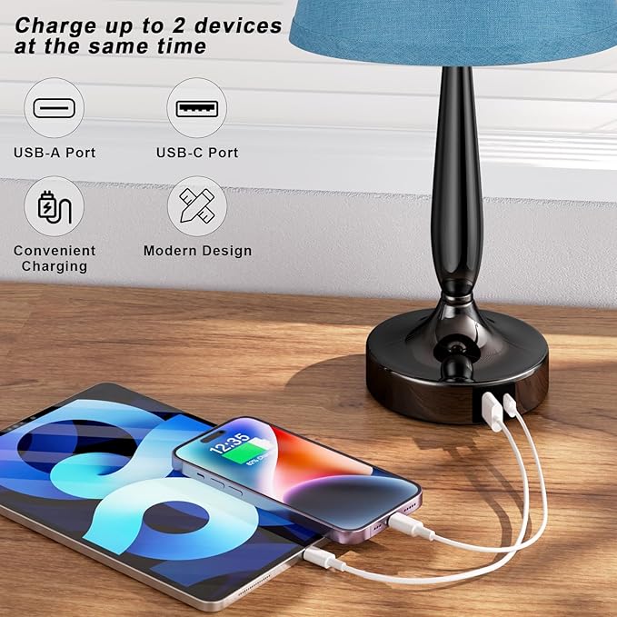 Touch Bedside Lamp for Bedroom with USB C Port, Small Touch Table Lamp with 2 USB Charging Ports, 3 Way Dimmable Nightstand Lamp for Living Room and Office - Turquoise Blue (LED Bulb Included)