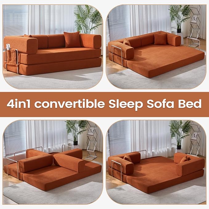 Folding Sofa Bed Convertable Corduroy Couch King Size Floor Sleeper 4-in-1 DIY Combination Modular Sofa Fold Out Futon Lounge Comfy Foldable Lazy cama for Living Room (Orange, 70.86")