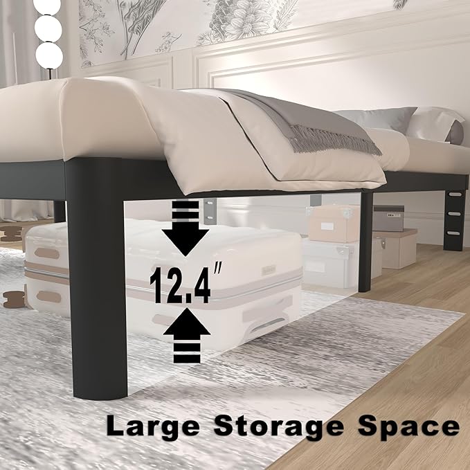 ITIMIDI 14 Inch Queen Bed Frame, Heavy Duty Metal Platform Bed Frame Queen Size, Safety Design with Rounded Corner Legs and DIY Headboard, High Load-Bearing, Noise Free, No Box Spring Needed, Black