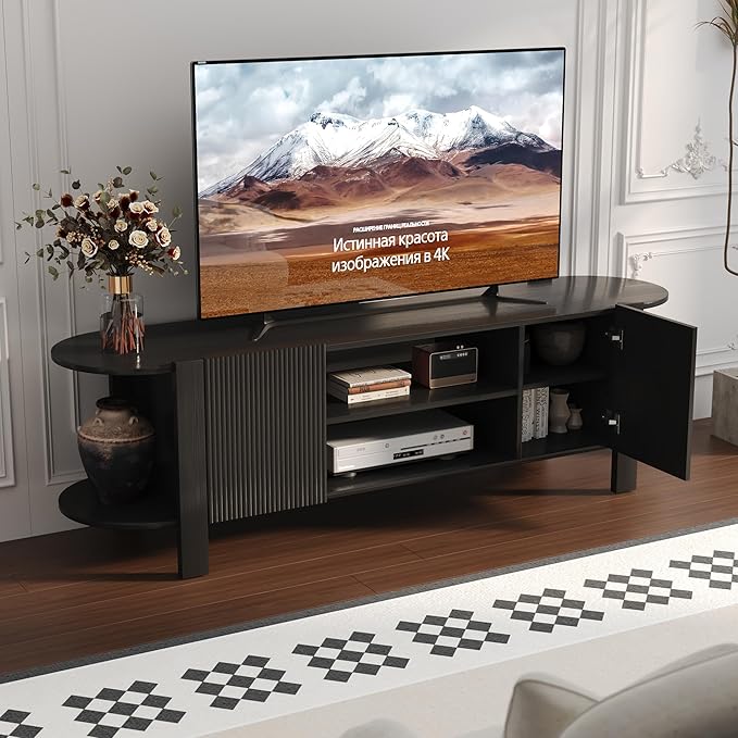 65 Inch TV Stand for Up to 75 inch TVs, Fluted Entertainment Center with Adjustable Shelve, Curved Round Corner TV Console Table with Storage Cabinet for Living Room, Bed Room (Black)