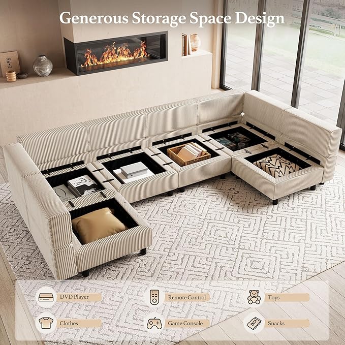 114.2" U Shaped Sectional Sofa,6 Seat Corduroy Couch,Comfy Modular Sectional Sofa with Storage Movable Ottoman Chaise,Upholstered Sectional Couches for Living Room,Beige