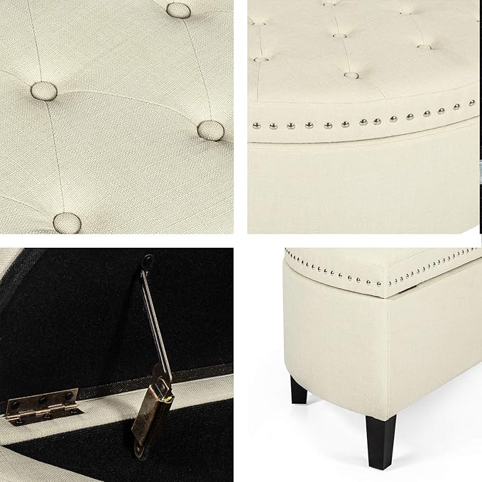 Homebeez 43" Half Moon Storage Ottoman, Button Tufted Bedroom Benches for Entryway Living Room (Cream)