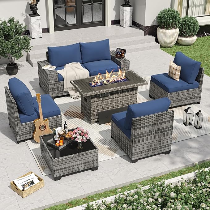 Aoxun 7 Pieces Patio Furniture Set with 40” Fire Pit Table Wicker Rattan Outdoor Sectional Conversation Set with Coffee Table and 4” Thickened Cushions, Blue(Waterproof Cover Included)