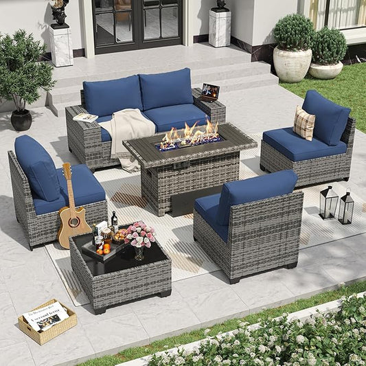Aoxun 7 Pieces Patio Furniture Set with 40” Fire Pit Table Wicker Rattan Outdoor Sectional Conversation Set with Coffee Table and 4” Thickened Cushions, Blue(Waterproof Cover Included)