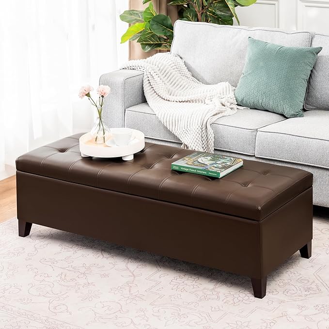 Joveco Storage Ottoman Bench, 51 Inch Leather Tufted Bench for End of Bed, Bedroom, Living Room, Brown
