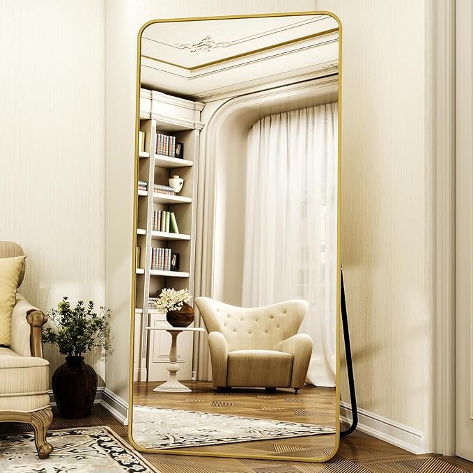76"x34" Floor Full Length Mirror Standing Full Body Rounded Corner Rectangle Mirrors with Stand Hanging Wall Mounted Leaning Bedroom Living Room Bedroom Cloakroom,Gold