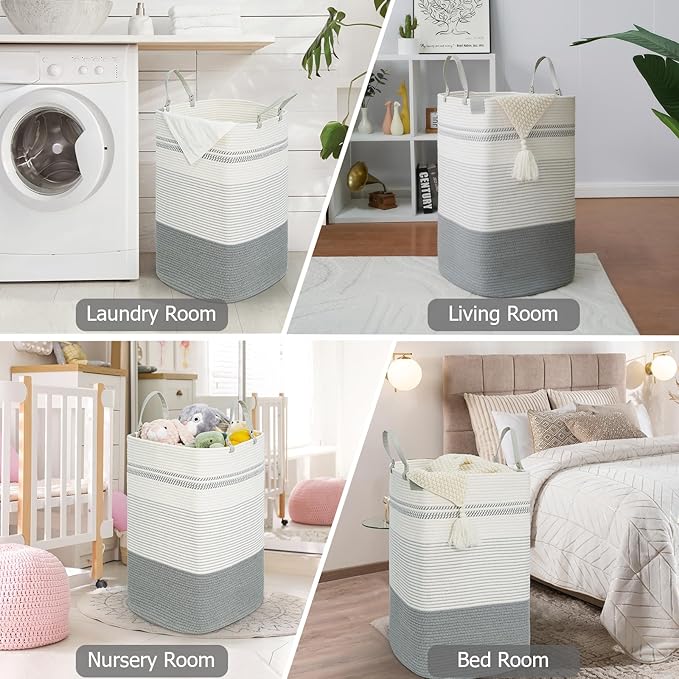 danpinera 75L Woven Laundry Hamper with Long Leather Handles, Baby Laundry Basket for Nursery, Tall Hampers for Bedroom Aesthetic, Decorative Clothes Storage Basket for Family White & Gray