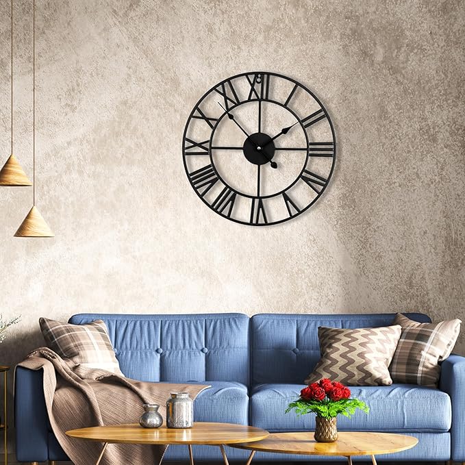 24inch/60cm Large Wall Clocks for Living Room Decor,Vintage,Modern,Round,Silent,Non Ticking,Black Wall Clock for Home,Garden,Office,Cafe Decoration(Iron Roman Numerals, 24 inches)
