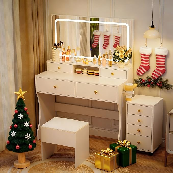 Pamapic Vanity Desk with File Cabinet, 8 Drawers Makeup Vanity with Mirror and Lights,3 Lighting Modes Dressing Table with Chair, Power Outlet, Silent Slides, White