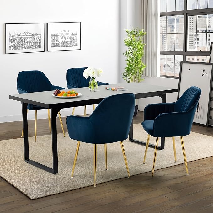 ECOTOUGE Matte Velvet Dining Chairs Set of 4, Modern Arm Chair with Golden Metal Legs, Living Room Accent Chairs for Kitchen, Blue