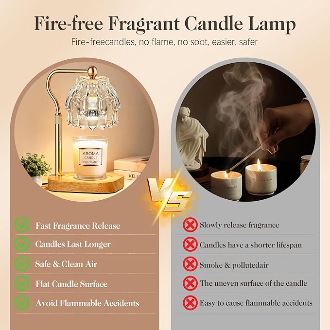 Candle Warmer Lamp with Timer Dimmer, Modern Wax Warmer for Scented Wax Jar Candle Warmer with 2 Bulbs, Adjustable Height Glass Lamp for Gifts for Women, House Warming Gifts, Home Decor, Gold Clear