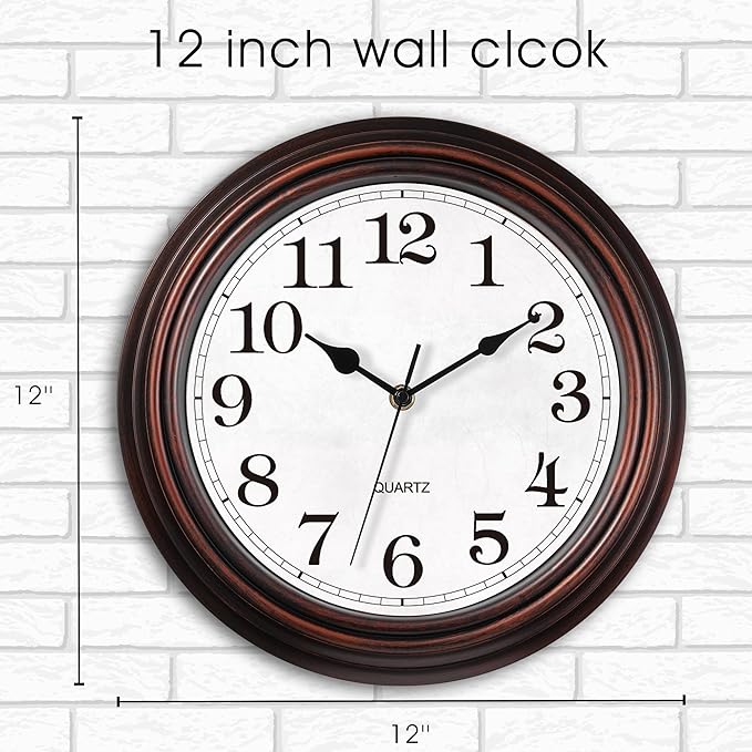 HYLANDA Wall Clock, 12 Inch Vintage Retro Silent Quality Wall Clocks Battery Operated Non-Ticking, Round Decorative Kitchen Home Office Bedroom Living Room(Bronze)