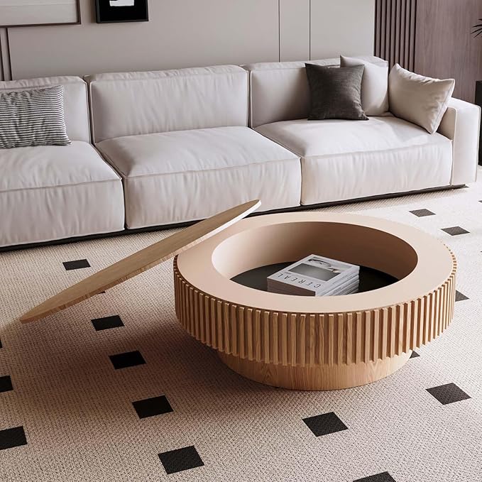 39'' Large Round Coffee Table with Storage, Fluted Coffee Table with Solid Wood Veneered, Mid Century Modern Wooden Center Table, Accent Tea Table for Living Room Apartment, Natural