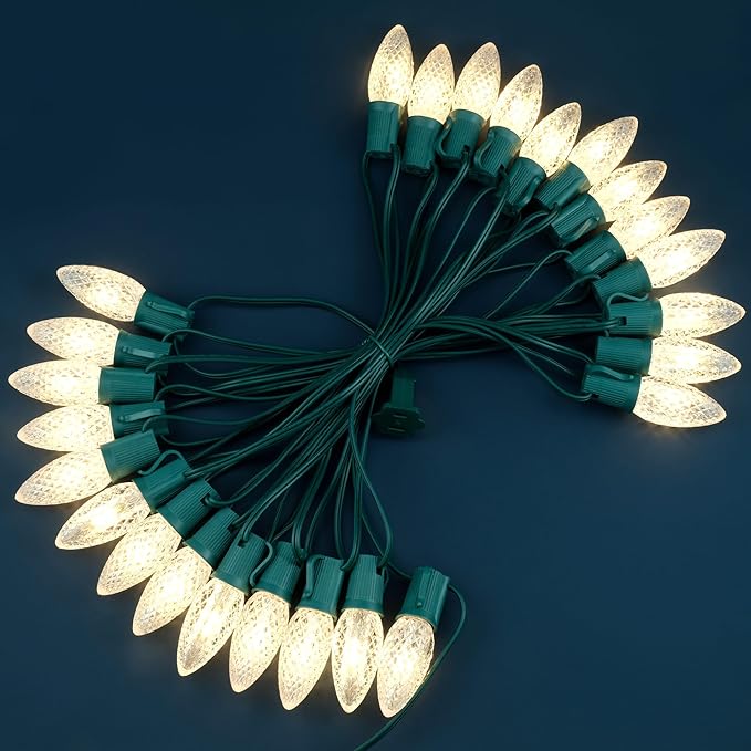 YULETIME Warm White C9 LED Christmas Lights, 25 Feet 25 Count 12" Spacing Faceted Strawberry Bulbs UL Certified Outdoor String Light Set (Warm White)