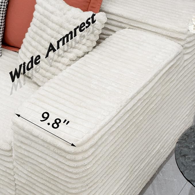 3-Piece Boneless Modular Sectional Sofa, Cloud Couch with Left Facing Chaise, Oversized Deep Seat, Soft Corduroy Fabric, Sectional Couch for Living Room-White