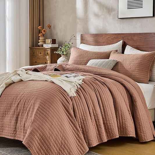 DOWN HOME Twin Quilt Bedding Set with Sham, Vintage Washed Soft Quilted Blanket Thin Comforter Lightweight Bedspread Coverlet Bed Cover, Brushed Microfiber Stripe Stitching, Desert Blush, 66"x92"