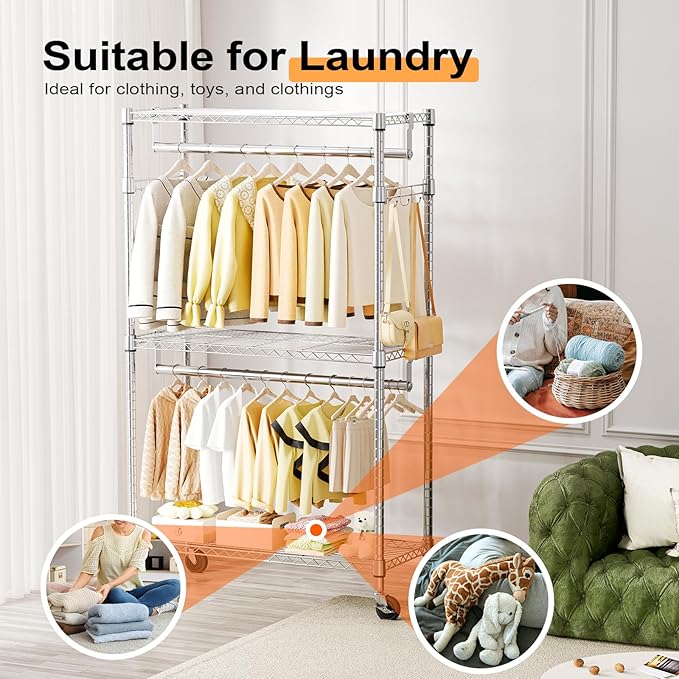 Heavy Duty Rolling Garment Rack 3 Tiers Adjustable Wire Shelving Clothes Rack with 2 Rods and Side Hooks,Storage Closet Clothing Rack with Wheels Chrome 15.7" D x 29.5" W x 74.5" H