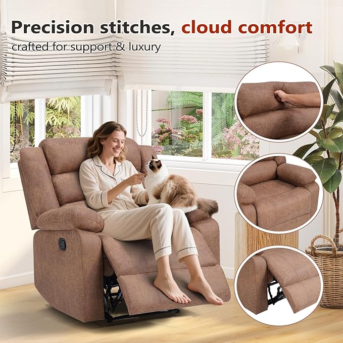 ANJ Recliner Chair, Overstuffed Manual Living Room Chair with Breathable Faux Leather, Comfortable Reclining Chair for Relaxation