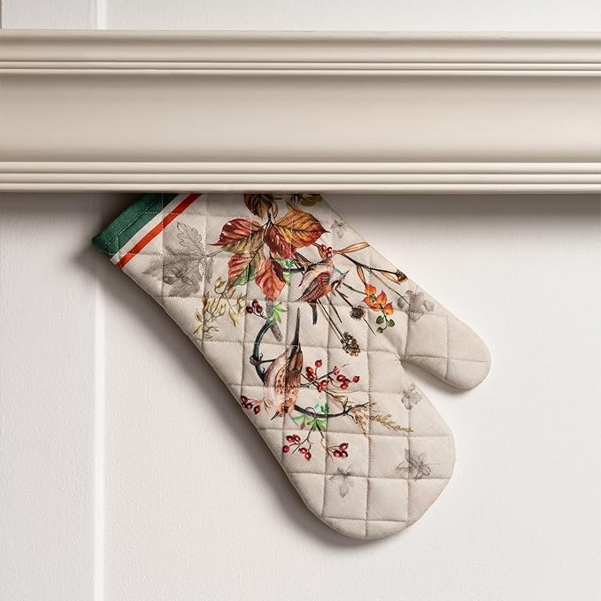 Maison d' Hermine 100% Cotton Oven Mitt & Pot Holder Set (7.5"x13" & 8"x8") Heat Resistant BBQ Cooking Gloves with Loop for Thanksgiving Christmas Decorations Handling Hot Pans (Recolte)