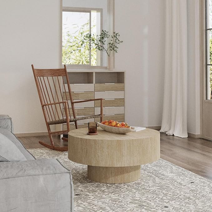 Travertine Coffee Table 29.92" Modern Round Coffee Table for Living Room, Small Circle Coffee Table Drum Center Table End Table for Apartment Office Farmhouse (Round)