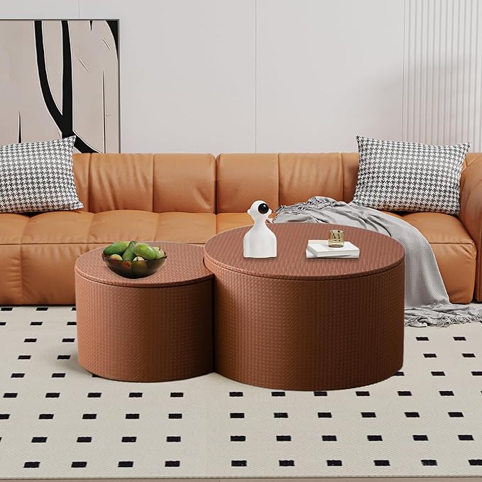 Round Nesting Coffee Table Set of 2, Round Fluted Coffee Tables with Storage for Living Room Leather Veneer Modern Nesting End Side Tables for Small Spaces (A Storage Brown)