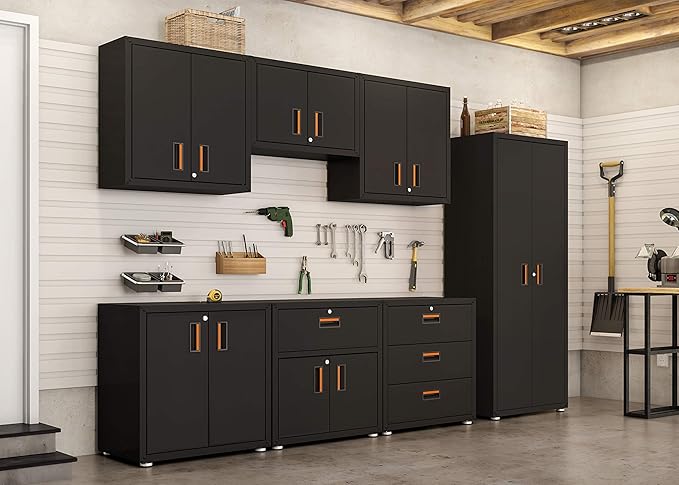 Home Tall Steel Storage Cabinet w/Lock & Key, Two Door Garage/Office/Classroom Cabinet, Removable Shelf, Pivot Hinges, 18.2" L 30.3" W 5.4" H (Black)