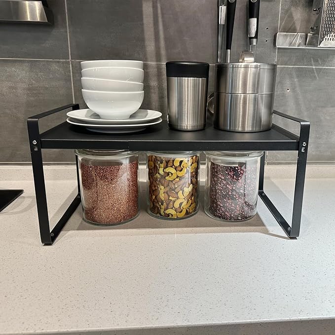 Set of 2 Expandable Cabinet Shelf Organizer, Black Kitchen Countertop Shelves, Stackable Metal Pantry Storage Organizer for Cupboard, Spice Rack