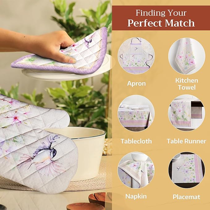 Maison d' Hermine Oven Gloves 100% Cotton Oven Mitt 7" x 13" with Loop Heat Resistant, BBQ, Cooking Gloves, Baking, Grilling, Kitchen, Handling Hot Pans Spring/Summer (Pack of 1, Magnolia Mornings)