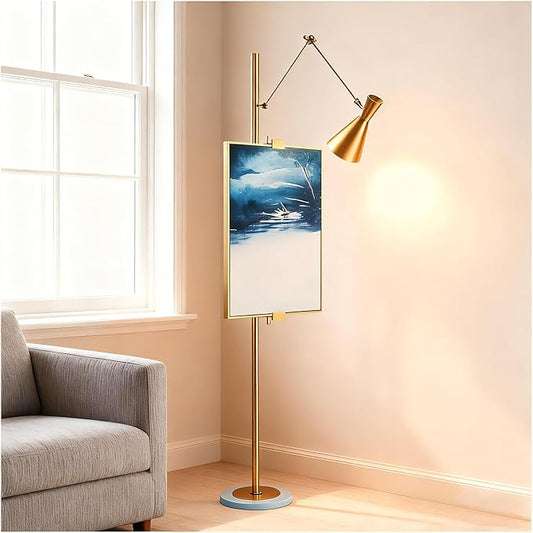 Metal Floor Lamp with Easel, Adjustable 360° Swing-Arm Standing Lamps, 67in Tall Lamp with Marble Base for Living Room, Painting Rooms, Bedroom, Offices, Courtyards, Gold
