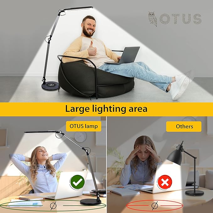 OTUS Desk Lamp for Home Office with Wireless Charger | LED Adjustable Architect Swing Arm Task Light for Computer Desk, Reading, Study & Video Calls | Dimmable Eye-Care Panel with Smart Memory