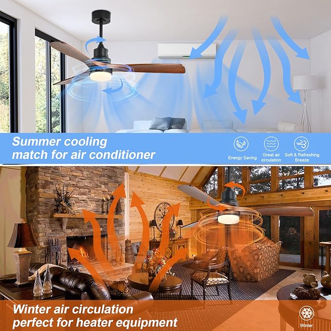 Sofucor 52 Inch Ceiling Fan with Lights and Remote, Low Profile Flush Mount Modern Wood Ceiling Fan for Indoor Bedroom Living Room Farmhouse Outdoor Patio Porch, Reversible DC Motor, Brown