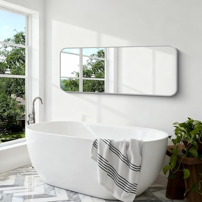 BONEWEI Silver Bathroom Mirror,24x60 inch Wall Mirror for Bathroom Wall Mounted,Rectangle Mirror for Bathroom Over Sink,Modern Frame Round Corner for Living Room,Bedroom Entryway,Horizontal/Vertical