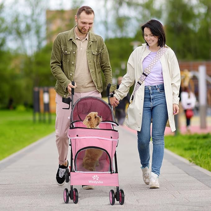 Umbrella Dog Stroller, Foldable Pet Stroller for Small Dogs Cats, 4 Wheels Pet Strolling Cart with Carrying Strap and Cup Holder, Breathable and Visible Mesh, Dog Poop Bags & Dispenser (Pink)