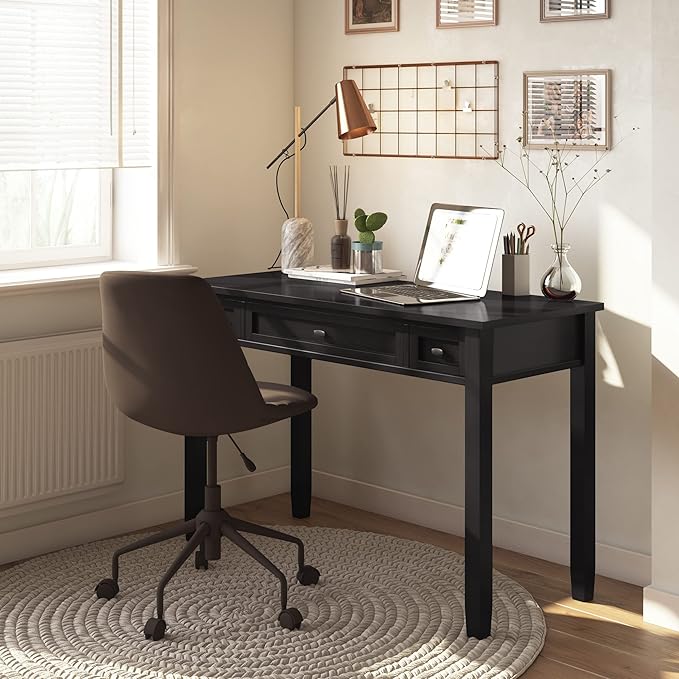 SIMPLIHOME Warm Shaker Desk - 48-Inch Wide Solid Wood Writing Desk in Hickory Brown, Transitional Home Office Computer Table for Workspace or Study with Flip-Down Keyboard Tray and 2 Drawers