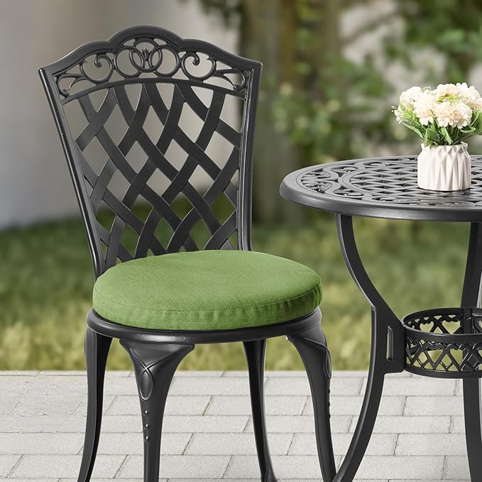 NUU GARDEN 3-Piece Patio Bistro Set Outdoor Cast Aluminum Bistro Table and Chairs Set of 2, Outdoor Patio Bistro Set with Umbrella Hole and Green Cushions for Patio Balcony, Black
