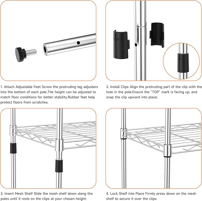IZEUK 4 Tier Metal Wire Shelf Unit, Chrome Storage Rack Organizer for Kitchen, Bedroom, Living Room or Laundry Room, 17.7" W x 11.8" D x 41.9" H