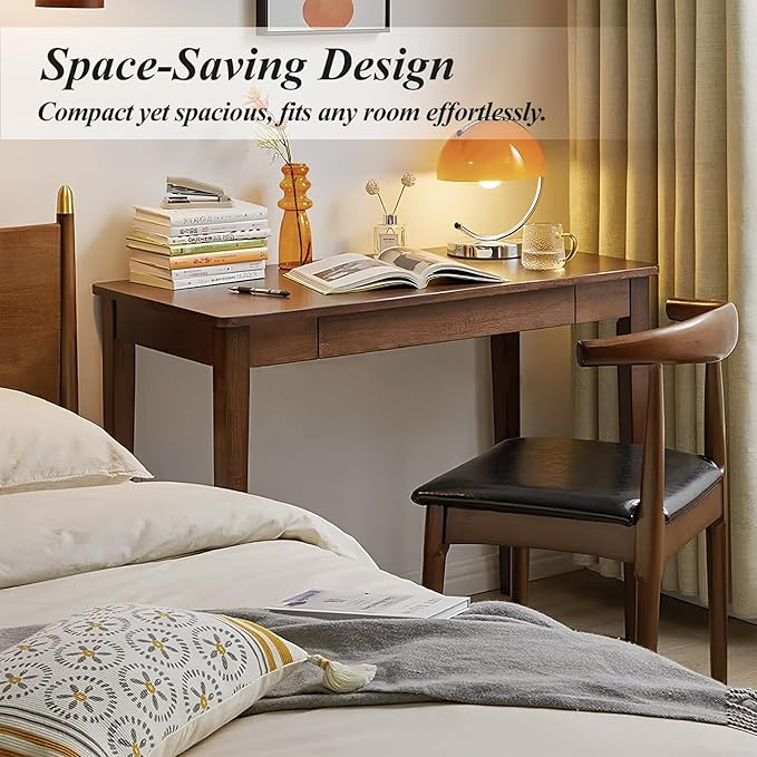 Solid Wood Computer Desk with Drawers, Modern Writing Desk for Home Office, Mid Century Modern Desk, Oak Study Table, 35.4x19.9x29.5 inches (Single Drawer), Walnut